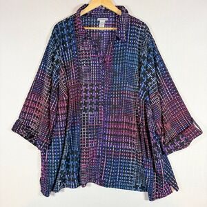 Catherines Womens 5X 34 36W Blouse Shirt Bold Geometric Roll-Tab Office Casual